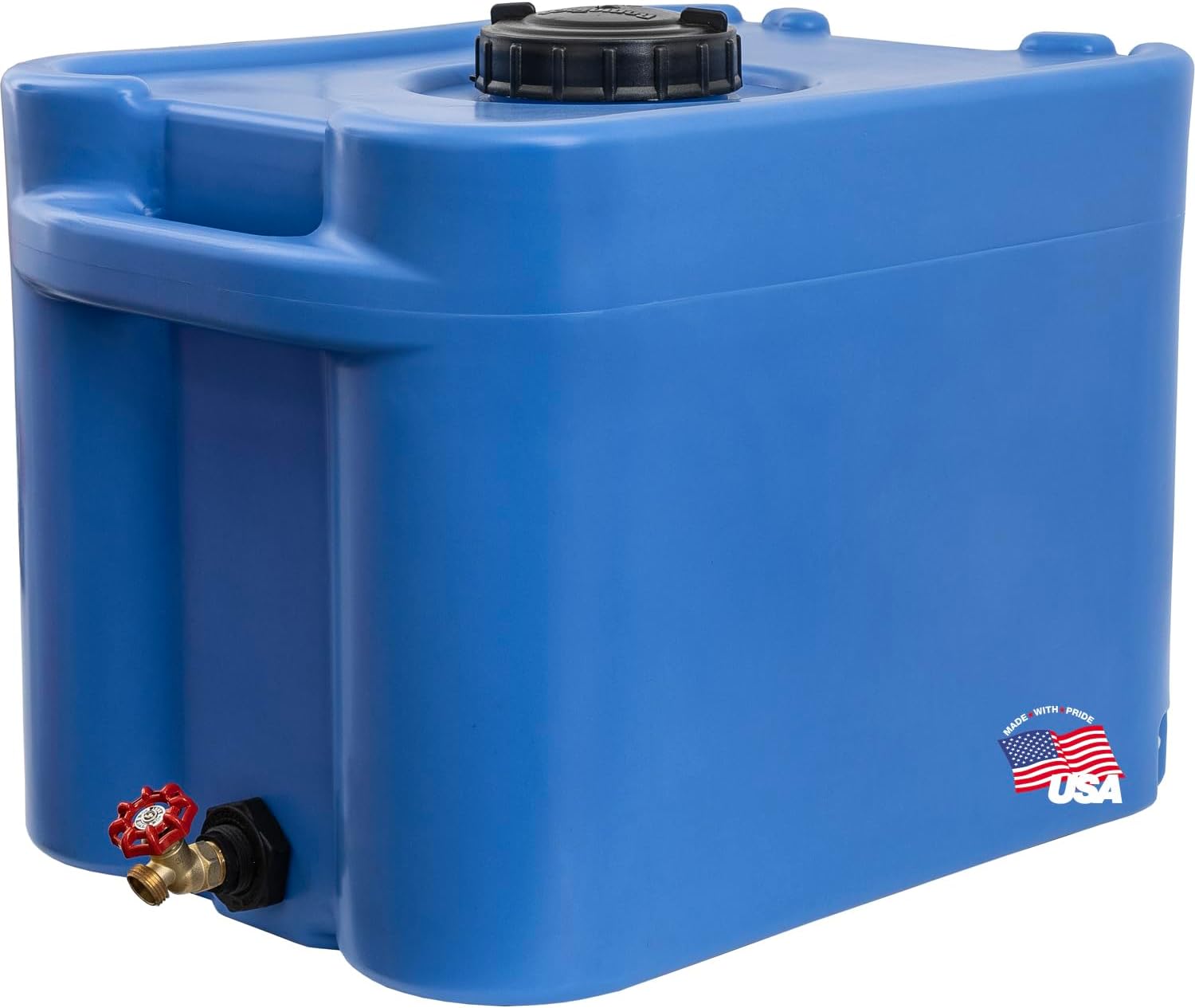 RomoTech 82129393 35-Gallon Blue Portable Stackable Water Storage Tank with brass spigot and red shutoff valve